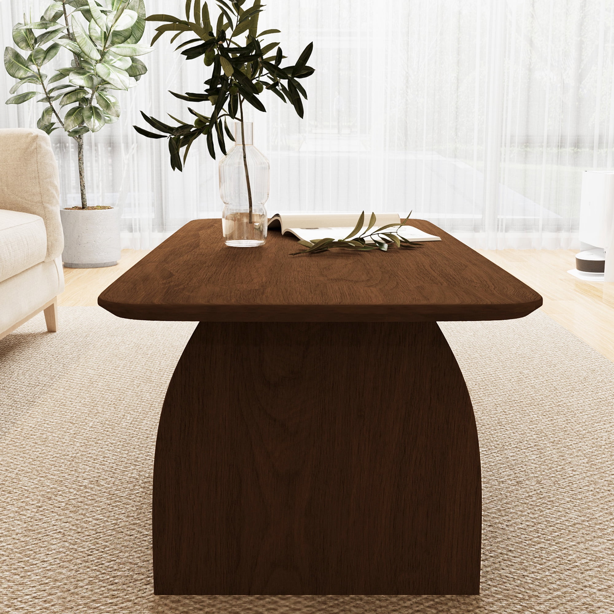 FFZ 47 inch Modern Minimalist Coffee Table with Storage Shelf and Rounded Design, Wood