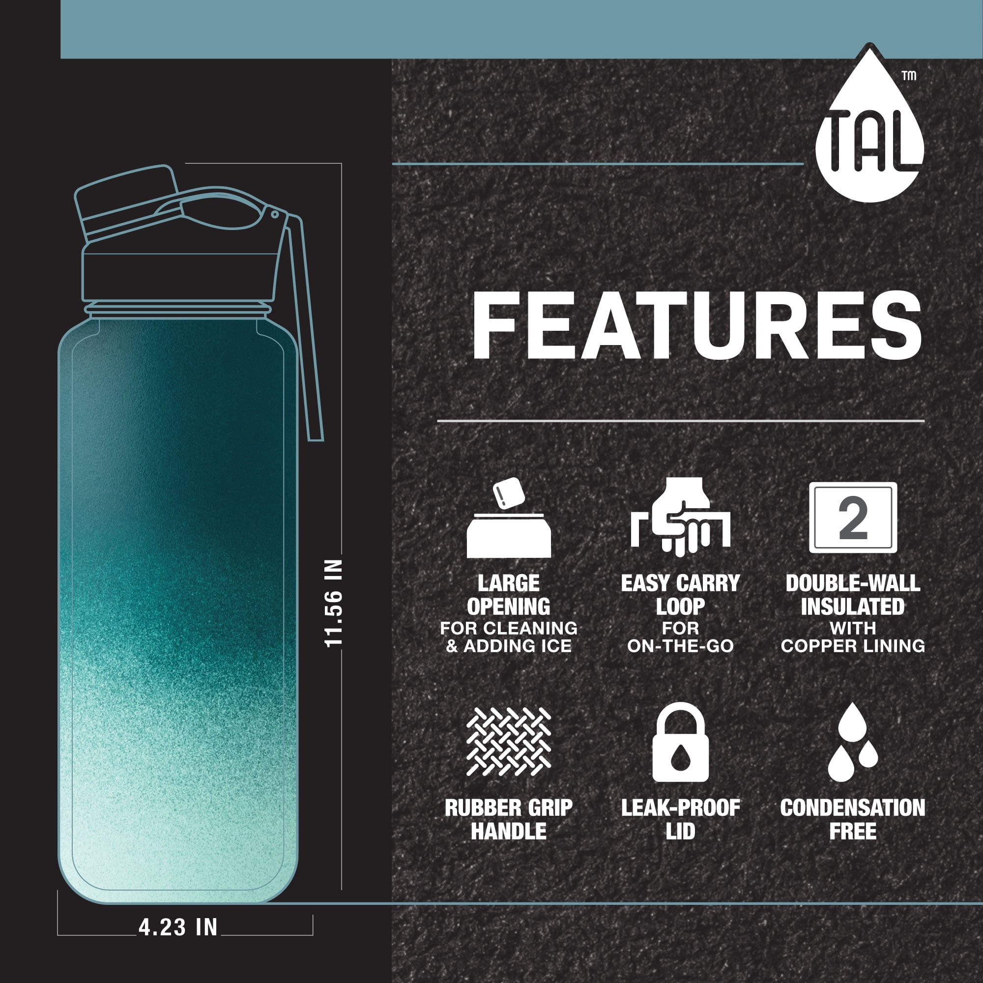 TAL Stainless Steel Ranger Water Bottle 40oz, Ombre Green