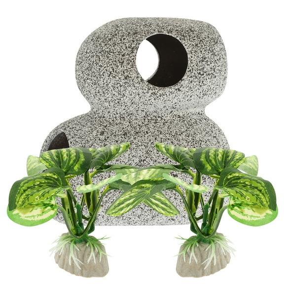 Worgeous Decorative Fish Cave with Lifelike Aquarium Plants Set for Reptile Tank Decor Assorted Color