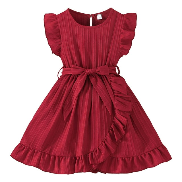 Splozh Robe Tutu pour Tout-Petits Filles Printemps Été Robes Manches Volantées Ligne A avec Ceinture Poches Robe Décontractée de Fête pour Enfants Rouge, 5-6 Ans