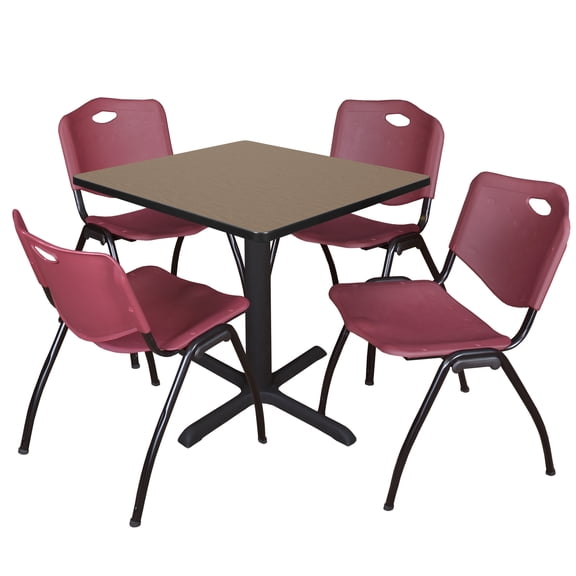 Romig Pillar 30 in. Square Breakroom Table- Noble Oak & 4 M Stack Chairs- Burgundy