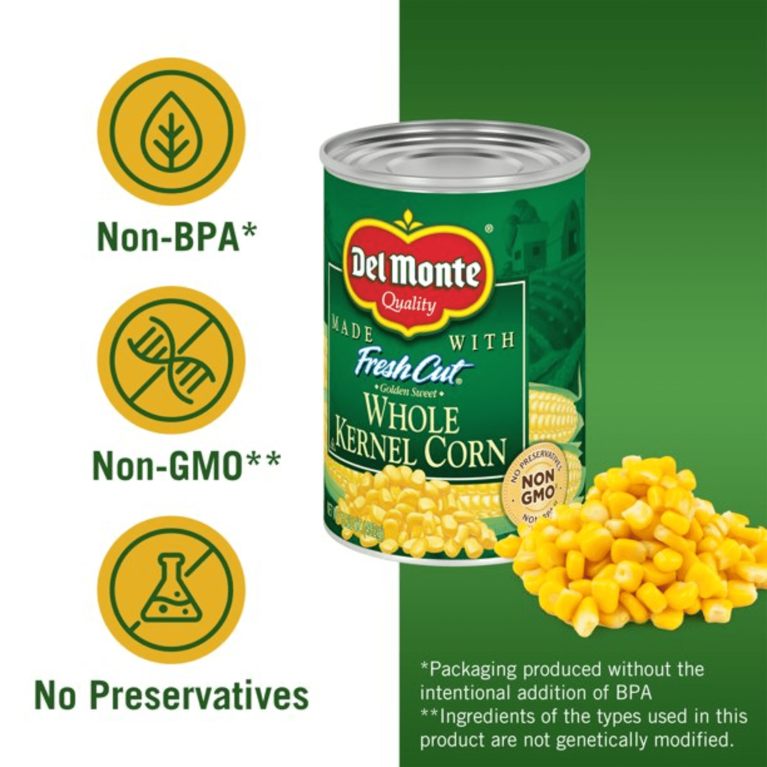 Del Monte Canned Whole Kernel Corn 15.25 oz with Sea Salt | Non-GMO, No Artificial Preservatives Added, Sweet Corn Vegetables for Kitchen Pantry Convenient & Ready to Eat Snacks Side dish & More 12ct.