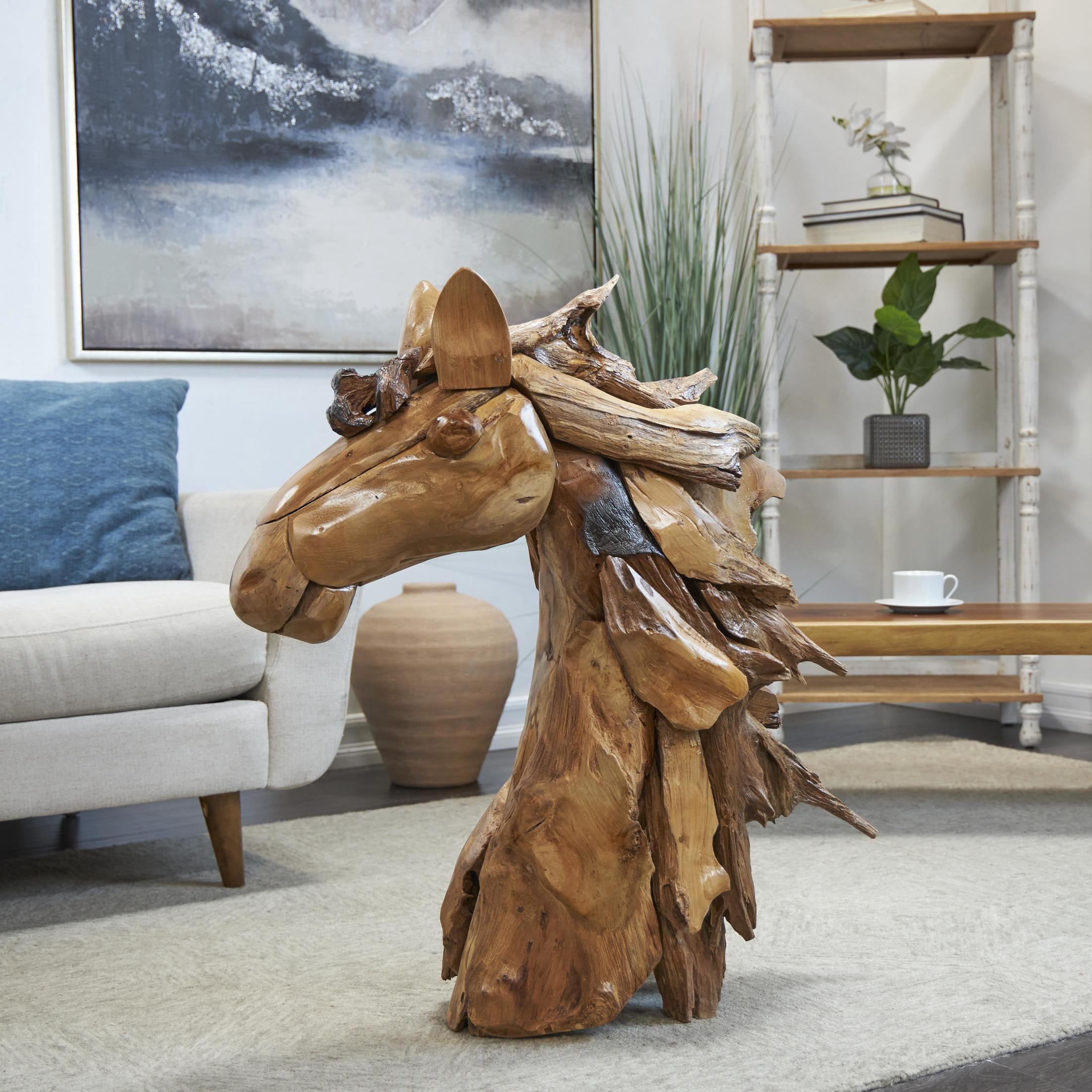 31" x 33" Brown Teak Wood Handmade Horse Sculpture, by DecMode