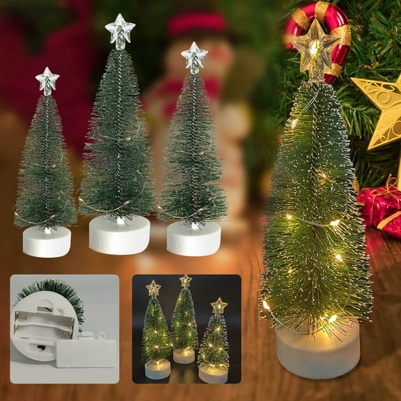 Holloyiver Small Christmas Tree,Mini Christmas Cedar With Luminous LED, Bottle Brush Fake Trees with Battery Base for Tabletop Decorative