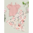 thumbnail image 4 of Suealasg 2Pcs Toddler Kids Girl Summer Clothes 1T 2T 3T 4T 5T Short Sleeve Cold Shoulder Ribbed Tops +Flower Print Flare Pants Little Girl Casual Outfits, 4 of 7