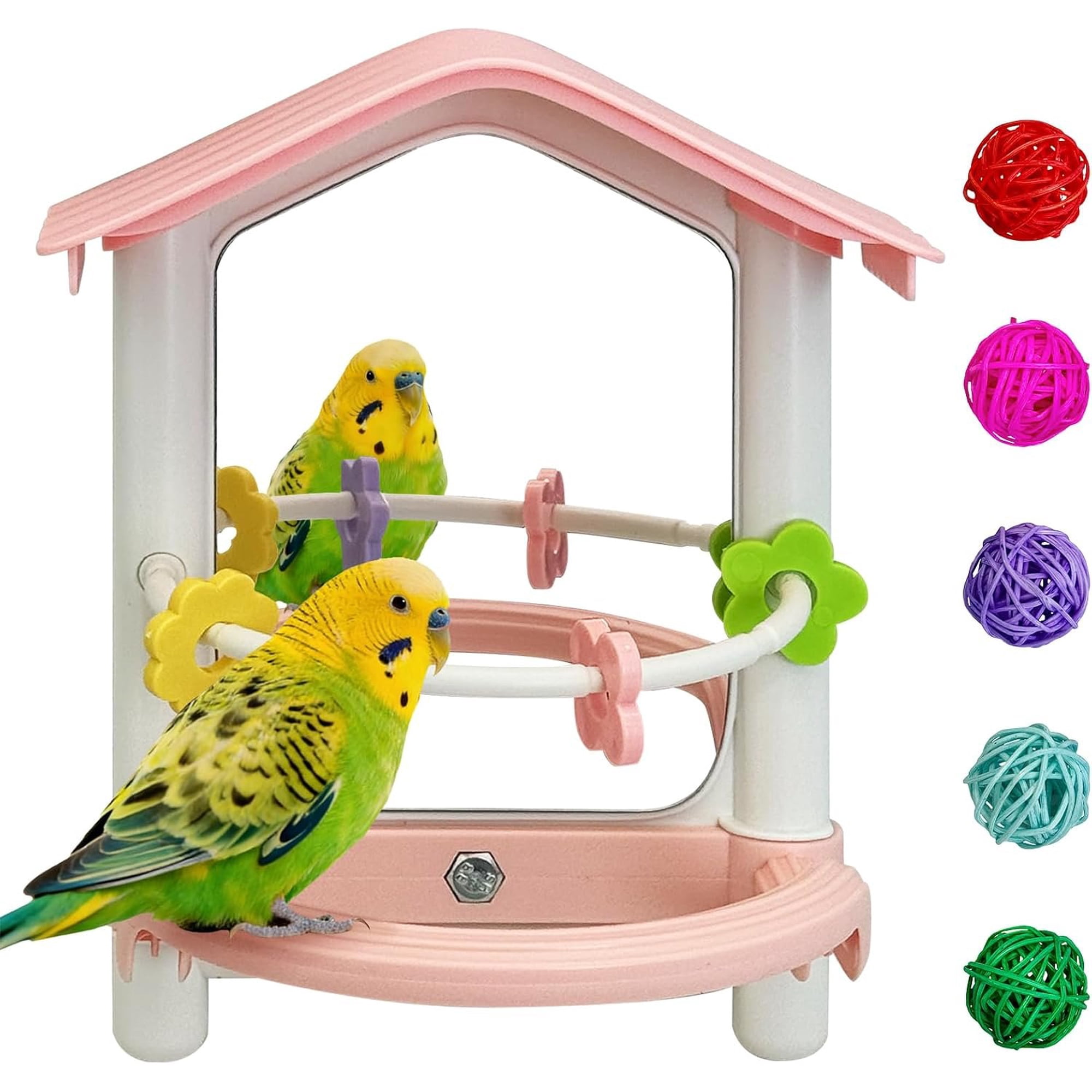 Bird Mirror with Plastic Perch and 5 count Colorful Rattan Balls Parakeet Swing with Mirror Interactive Bird Cage Accessories for Cockatiel Parrot Conures Cockatoo Finch()