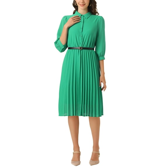 INSPIRE CHIC Work Dress for Women's 3/4 Sleeve Button Up Collar Pleated Dresses with Belt XS Green