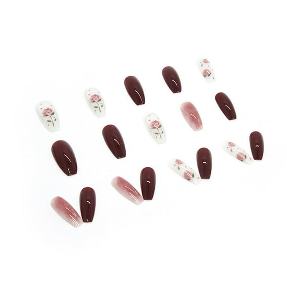 KBANNICAL Reddish Brown False Nail Patch Rose Pattern Long Removable Nail In Early Autumn on French Tip Nails Petite Nails French Nail Tips Natural Half Nail Tips Clear Coffin Nails Tips Short