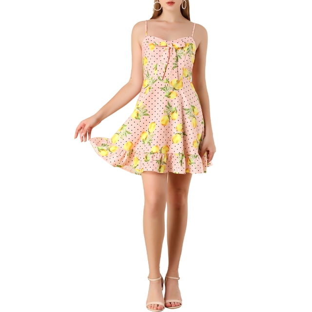 INSPIRE CHIC Robe à Pois Citron pour Femme à Bretelles Spaghetti avec Nœud