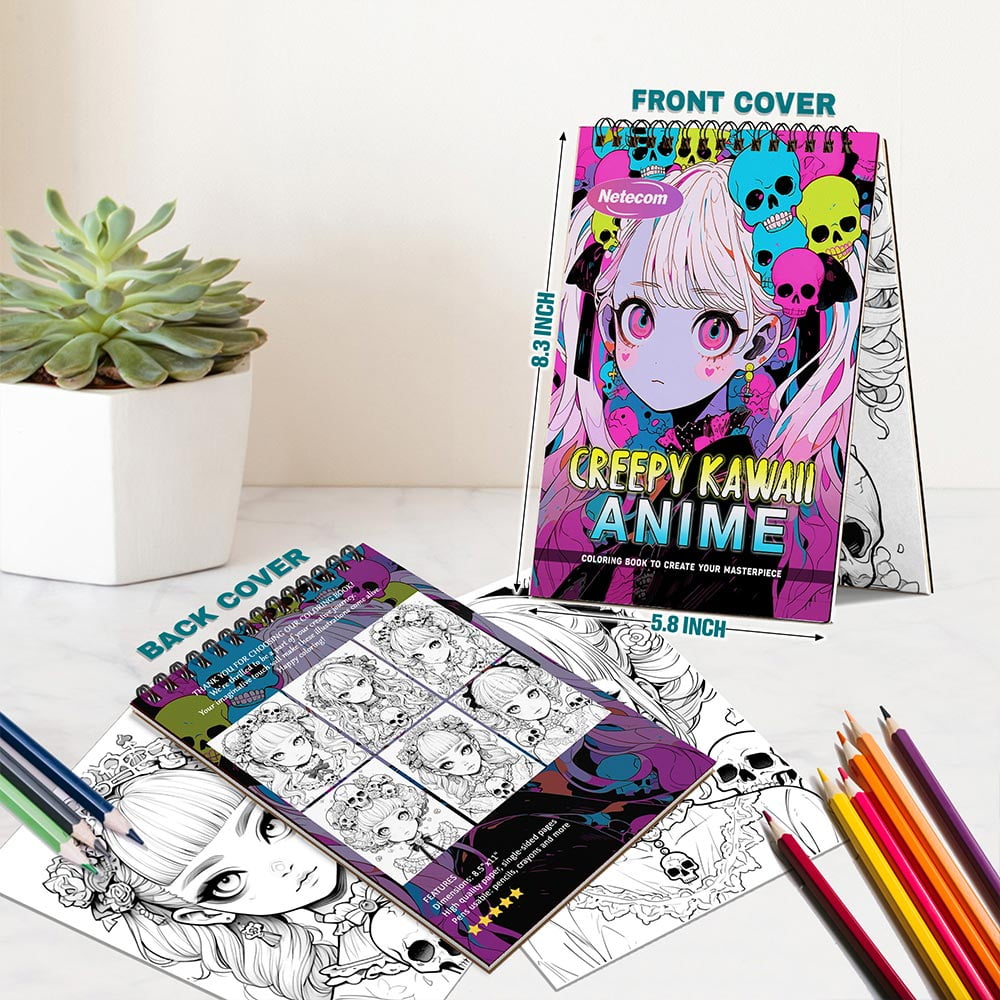 Creepy Kawaii Anime Coloring Book Spiral Bound For Adults, A5 Wooden Cover, 30 Adorable yet Eerie Coloring Pages in Kawaii Horror Style for Stress Relief and Relaxation