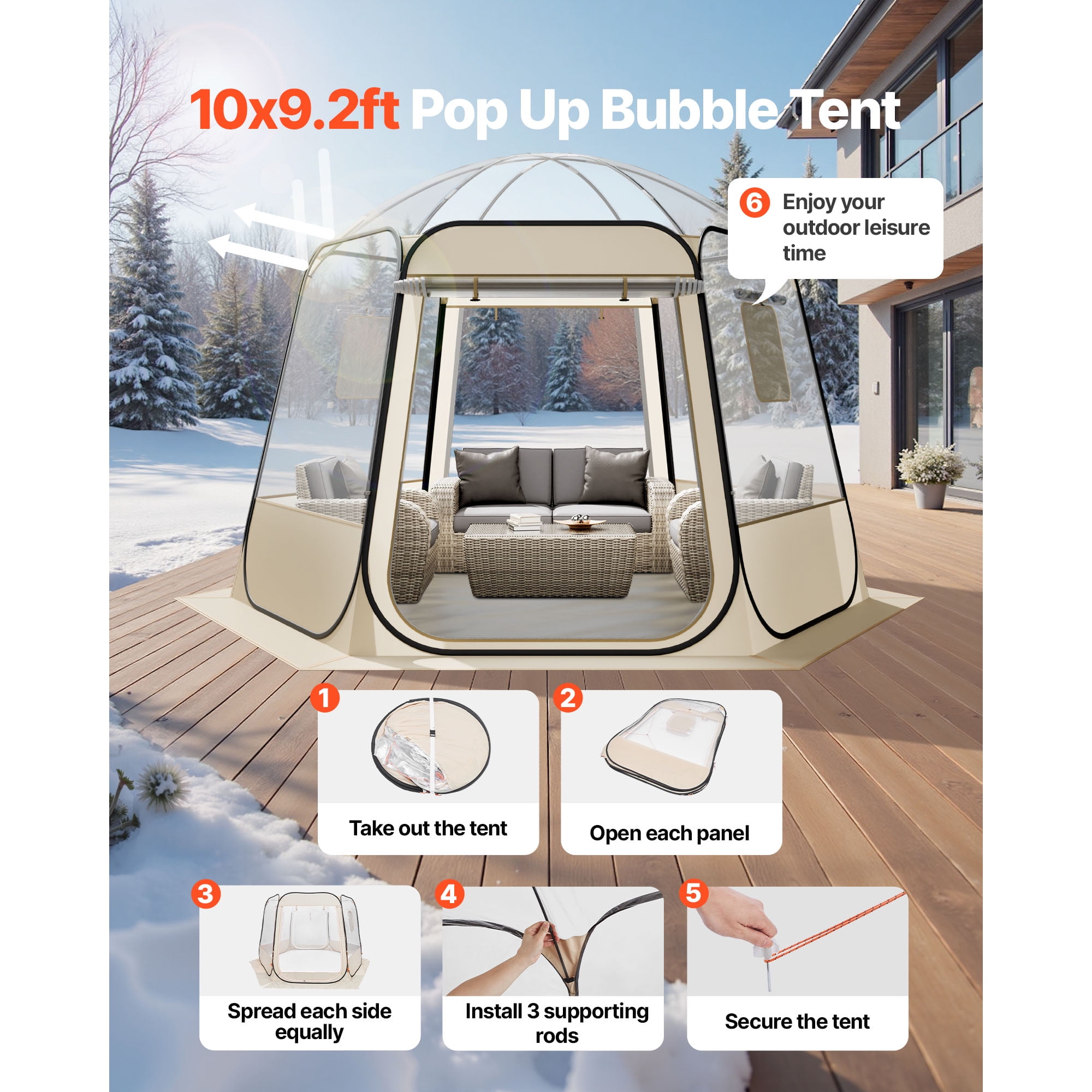 KFFKFF Pop-Up Bubble Tent, 10 x 9.2 ft Waterproof & UV-Resistant, Transparent Outdoor Dome Shelter with Windows, 540° Panoramic View, Fits 4-8 People for Patio or Backyard Use