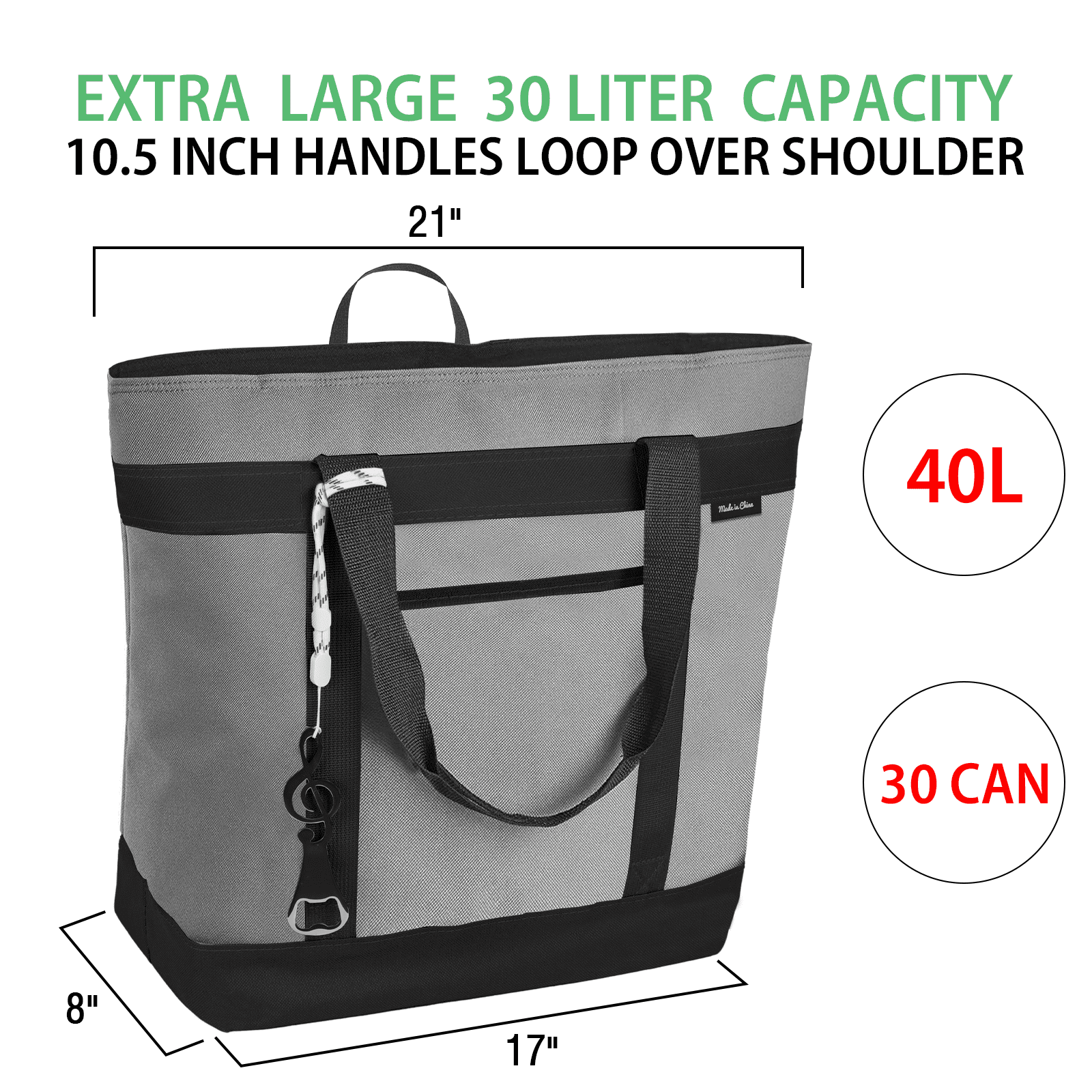 YIBONIKA Cooler Bag Soft Collapsible Insulated Tote with Thermal Insulation, Leak-Proof, Machine Washable, Holds 30 Cans Perfect for Groceries,Travel,Beach,Picnics,Food Delivery, Gray
