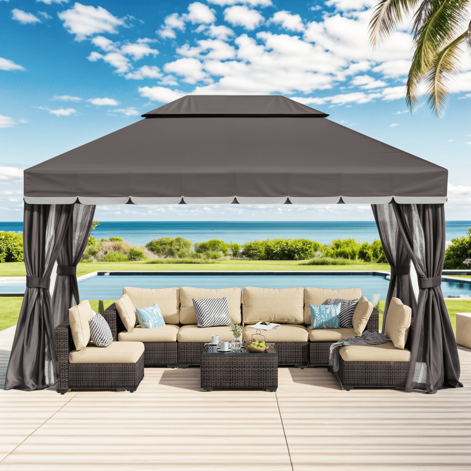 Gaptain 10×12 FT Deluxe No Screws Gazebo,Double Roof Outdoor Shelter Tent with Mosquito Nettings and Privacy Screens