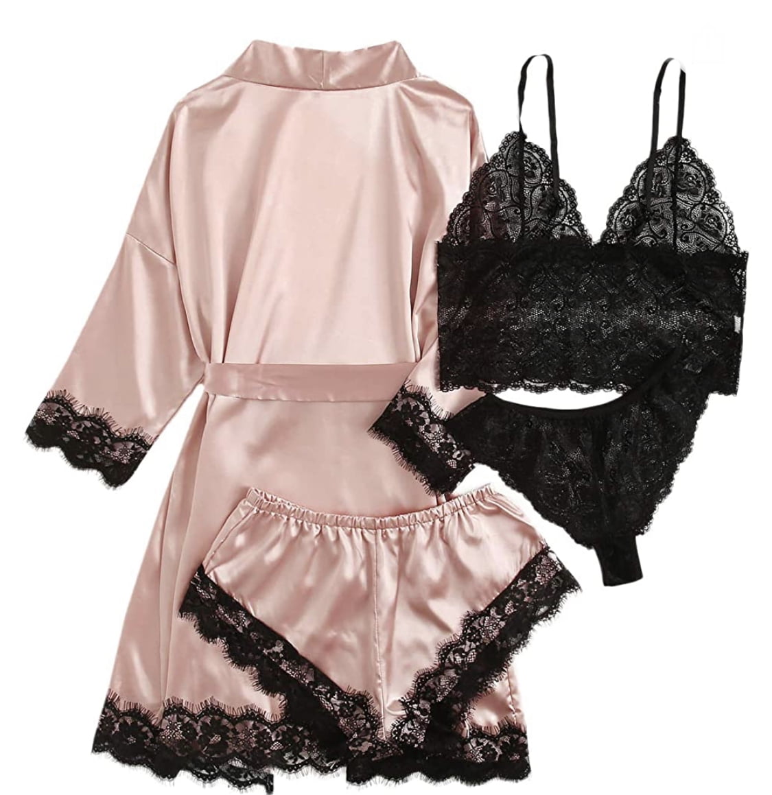 Sexy Lingerie, LOFIR Sexy Lingerie for Women, Womens Summer Pajamas Pjs Sets of 4 Pcs with Floral Lace Top Shorts and Robe, Gift for Women, Pink, L