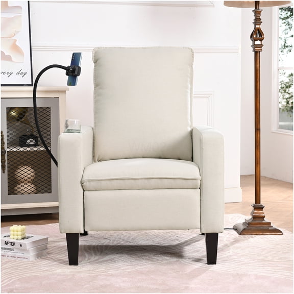Modern Fabric Recliner Chair with Cup Holder and Phone Pocket, Push Back Reclining Sofa Chair for Living Room, Bedroom, Beige