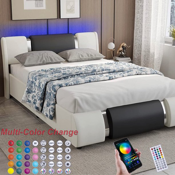 Faux Leather Bed Frame With LED Light & Adjustable Headboard, Full Size