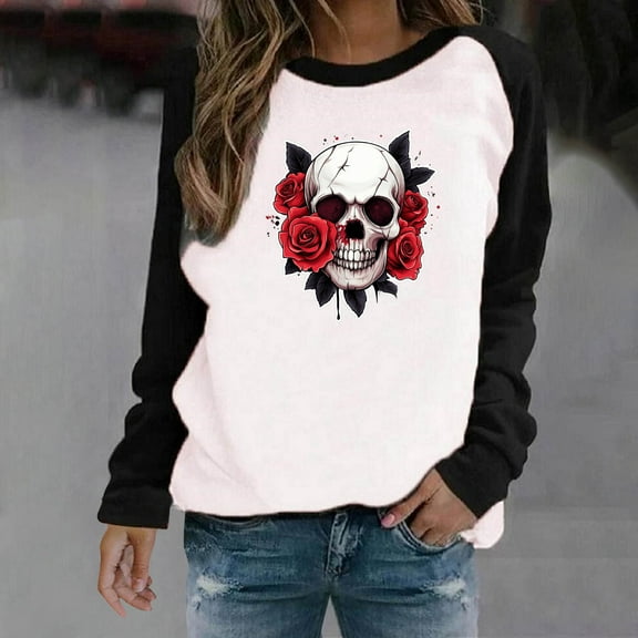 HOOJT Womens Halloween Sweatshirts Oversized Loose Long Sleeve Shirts Fall Round-Neck Blouses Cute Funny Printed Sweaters Crewneck Pullover Top Halloween Costumes
