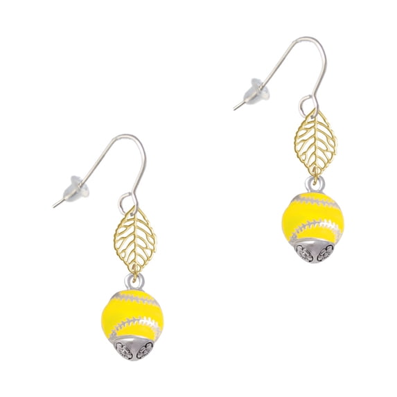 Delight Jewelry Silvertone Yellow Softball with Stitching Spinner Goldtone Leaf French Earrings