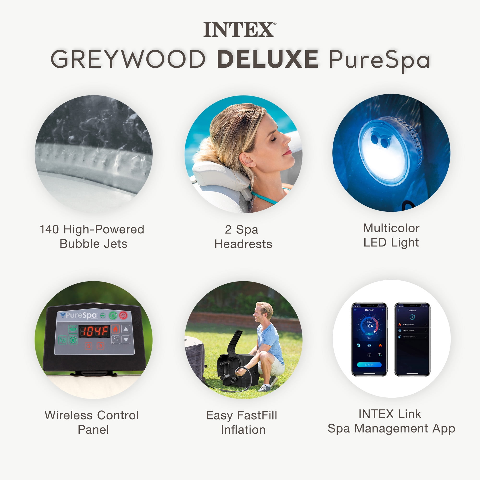 Intex PureSpa Greywood Deluxe Spa Set, 140 Bubble Jet Hot Tub with Cover, 77" x 28"