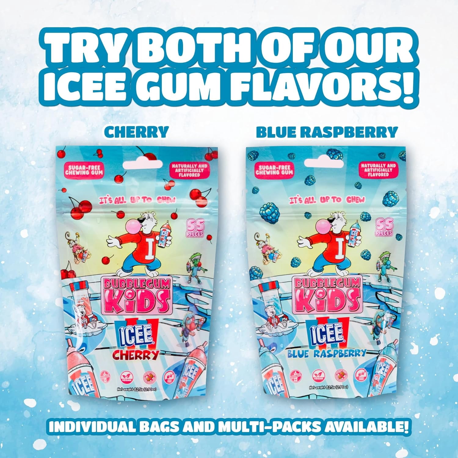 Bubblegum Kids ICEE Sugar Free Gum with Xylitol, Low Calorie Chewing Gum, Cherry Flavor, 10-Pack (55 Count/Pack)
