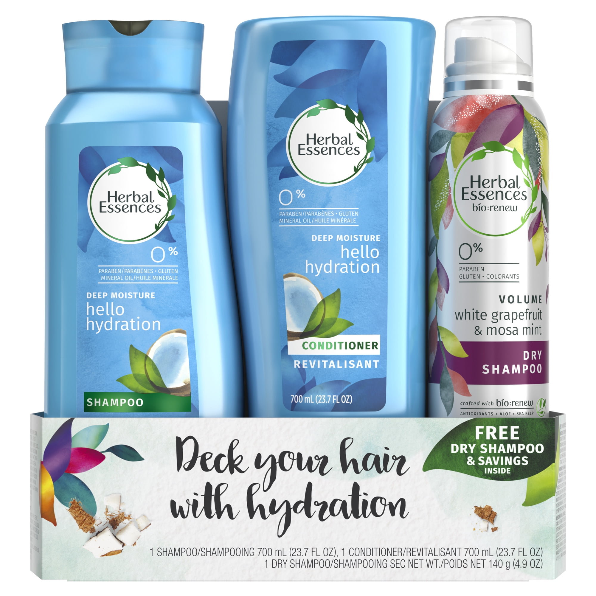 ($16 Value) Herbal Essences Hello Hydration 3-Piece Holiday Set, Shampoo, Conditioner and Dry Shampoo