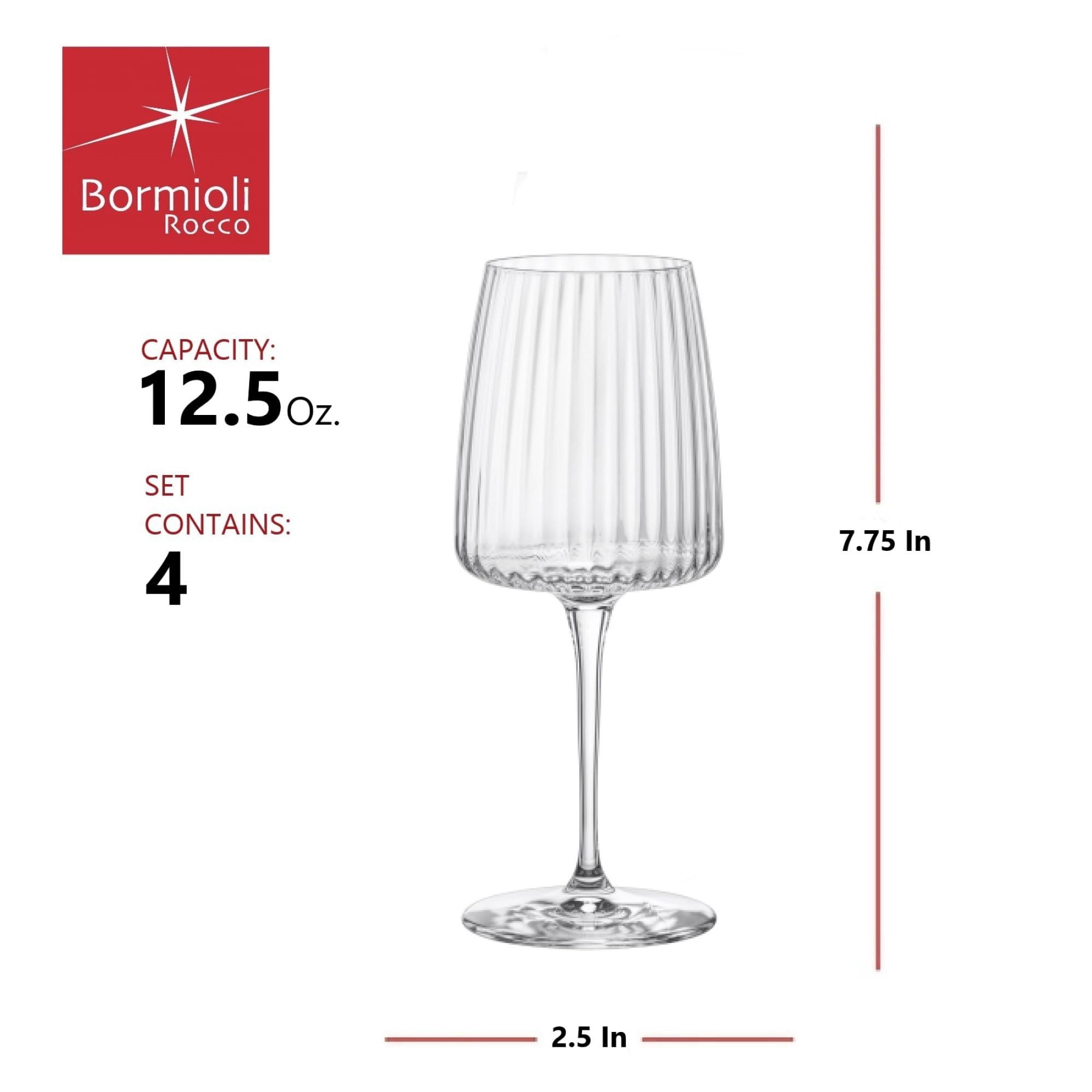 Bormioli Rocco Exclusiva Chardonnay Glasses, Set of 4 - 12.5 Oz. Ribbed Star Glass Stemware with XLT Treatment for Enhanced Durability - Long Stem Italian Wine Glasses - Dishwasher Safe