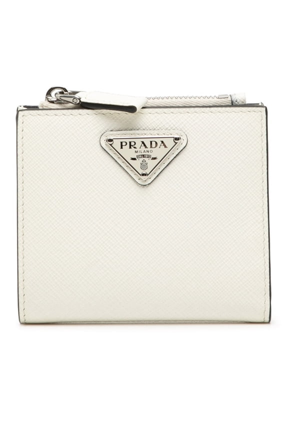 Pre-Owned Prada Triangle Logo Bi-fold Wallet Compact 2ML049 White Saffiano Leather Women's PRADA