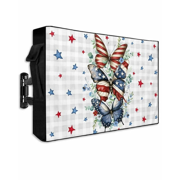 Navy Blue Butterfly 4th of July Outdoor TV Cover 30 to 32 Inch Waterproof, Independence Day Star Grey Plaid 600D Oxford TV Covers with Zipper, Outside Flat TV Screen Protector 30"Wx19"Hx4.5"D