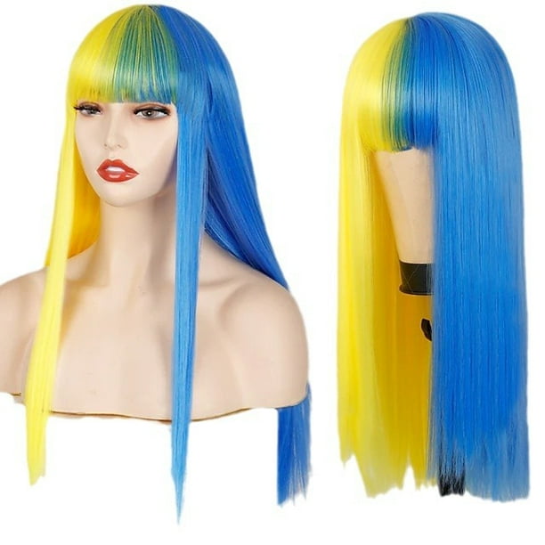 Peluca para cosplay, amarilla y azul dividida, larga, recta, sintética