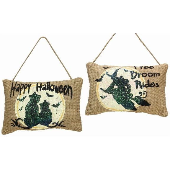 Happy Halloween Free Broom Rides Witch Cat Burlap Mini Pillows Set Of 2