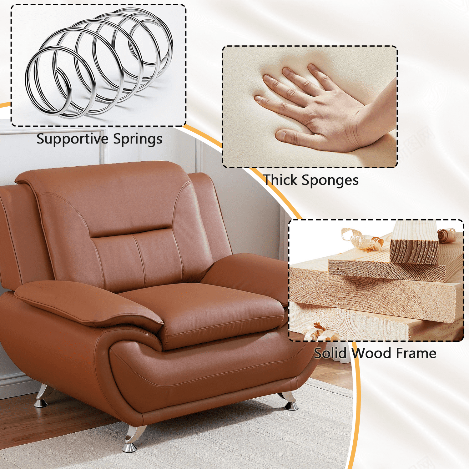 Caberryne Leather Couch Set,Modern Sofa for Living Room Furniture Sets,46" Modern Chair for Living Room/Office/Bedroom/Apartment(Khaki)