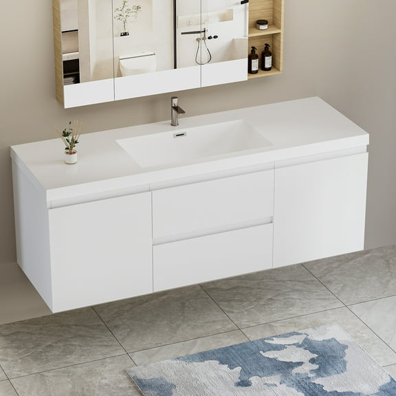 60" Bathroom Sink Cabinet, Vanity With Resin Countertop, Soft Close Drawers, Glossy White 24v11-60sgw Modern Countertop Vanity, Basin,