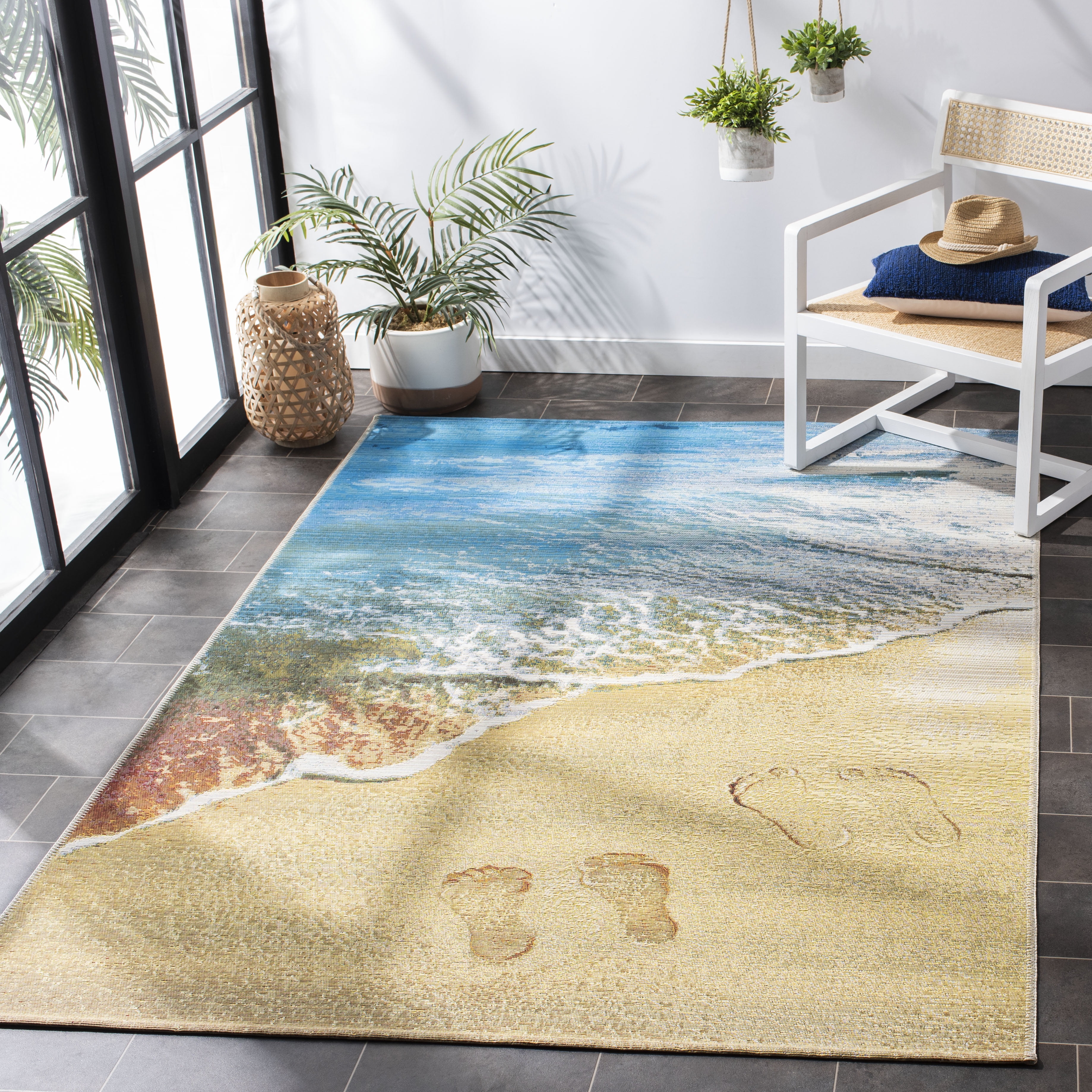 SAFAVIEH Barbados Sand Footprints Outdoor Area Rug, Gold/Blue, 8' x 8' Square
