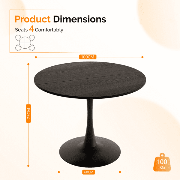 Round Tulip Dining Table, 39.4 Inch Dining Table for 4 People, Melamine Laminated MDF Tabletop with Metal Pedestal Base, Easy Assembly Kitchen Dinner Table for Dining Room, Home, Apartment, Black