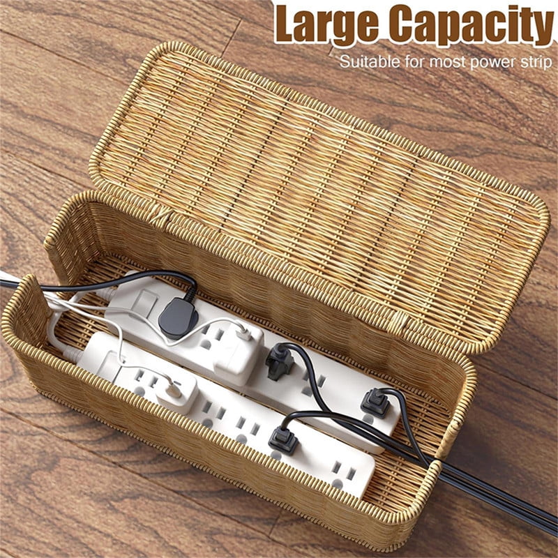 Handmade Cable Management Box, Durable Rattan Cable Organizer With Lid, 2 Open Slots Cords Hider Box, Under Desk Cord Organizer for TV Computer Usb Hub To Hide Power Strips & Cords-12.2" L*4.9" W