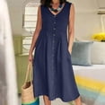 thumbnail image 4 of successthop Dresses for Women Linen Button Up Sleeveless Ankle Length Clothes Flowy V Neck Summer Dress with Pocket Blue, 4 of 7