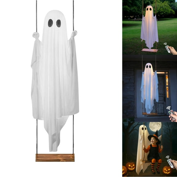 Halloween Decorations Outdoor - 5 FT Large Hanging Swing Ghost Halloween Decor with String Lights - Spooky Cute Ghosts Decorations for Front Porch Yard Tree