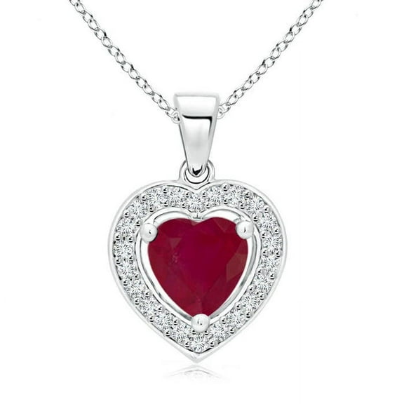 ANGARA Natural Floating Ruby Heart Pendant with Diamond Halo in 14K White Gold for Women (Size-6mm) | July Birthstone, Birthday, Anniversary, Jewelry Gift for Women | Natural Ruby Necklace