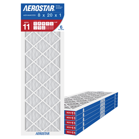Aerostar 8x20x1 MERV 11 Air Filter, Pleated AC Furnace HVAC, Pet Dander Mold Smoke, 6 Pack