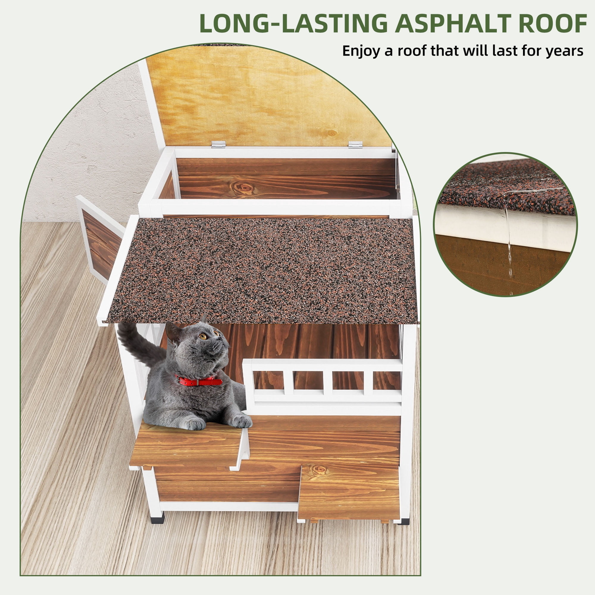 Uforic Two Story Outdoor Cat House, Cat Shelter Weatherproof Wooden Cat House with Balcony - Brown