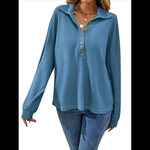 Sudadera Informal de Larga con Solapa y Botones para Mujer, Estilo 2025 Azul S