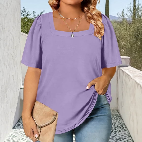 Qodauz Womens Plus Size Short Sleeve T Shirts Square Neck Basic Tee Pullover Summer Casual Loose Tops Purple 5XL