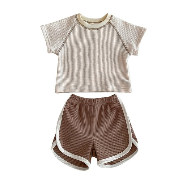 Odeerbi Kids Boys Girls Two Piece Outfits Cotton Summer Clothes Children's Casual Solid Color Short Sleeve Round Neck Top Shirt Shorts Two-piece Set Beige