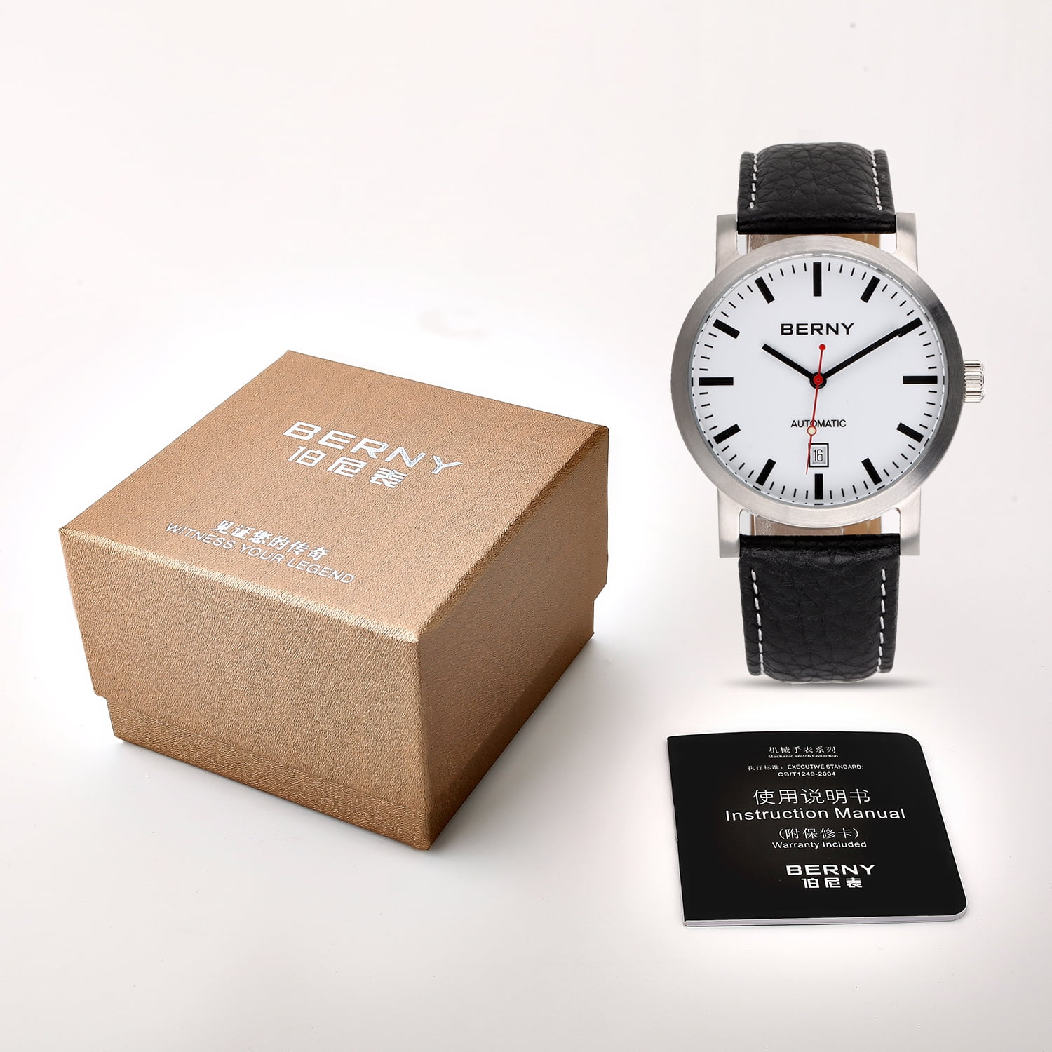 BERNY Automatic Watch for Men, Classic Mechanical Wristwatch with Genuine Leather Strap, Date Calendar, 5ATM Waterproof, Super Luminous, Red Seconds Hand (White)