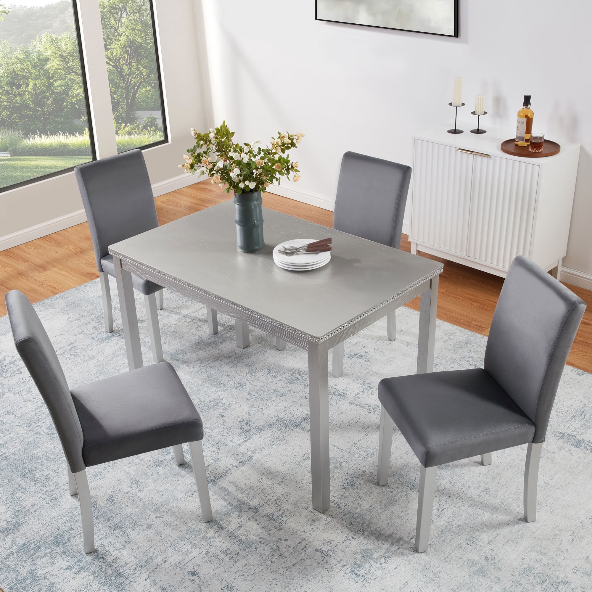 MAYEERTY 5-Piece Wooden Dining Table Set with 4 Upholstered Chairs for Kitchen Dining Room, Silver Grey