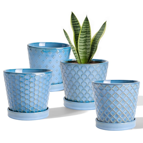 EFISPSS 5 inch Sky Blue Ceramic Plant Pots with Drainage Holes and Tray,4-Pack Indoor Flower Pots for Herbs, Cactus, Home & Office Decor