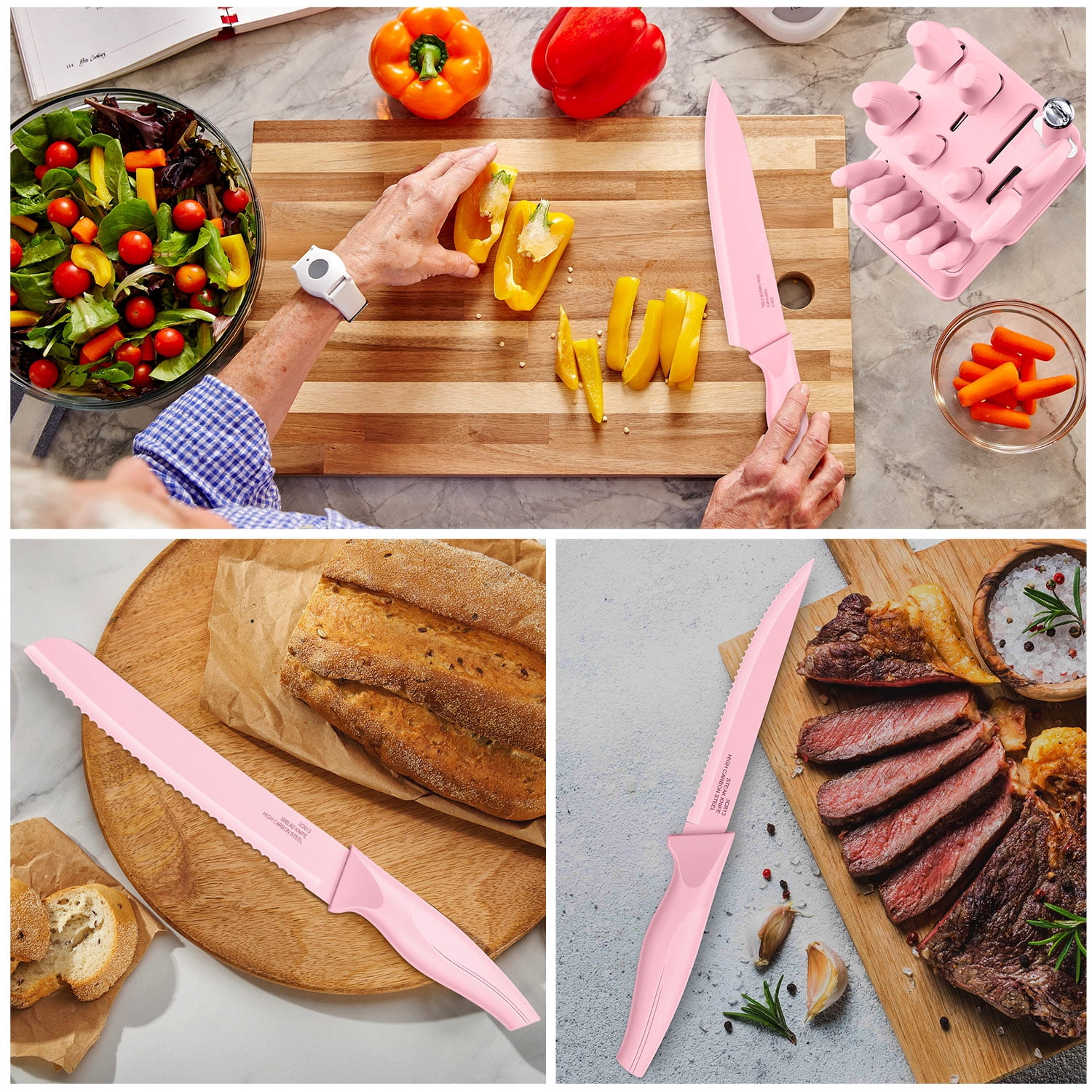 Vesteel Knife Set for Kitchen with Block, 15 Pcs High Carbon Stainless Steel Kitchen Knives Set with Sharpener Kitchen Shears - Pink