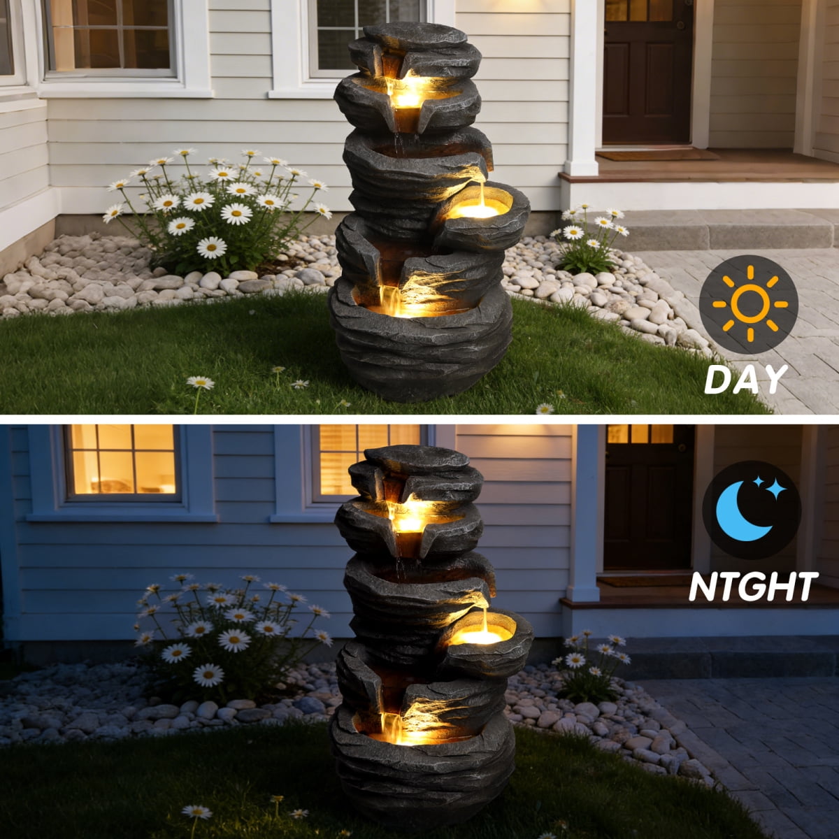 25.6" 4-Tier Stacked Rock Water Fountain with Warm LED Lights, Cascading Waterfall Fountain, Weather-Resistant Outdoor Decor for Patio, Garden & Backyard