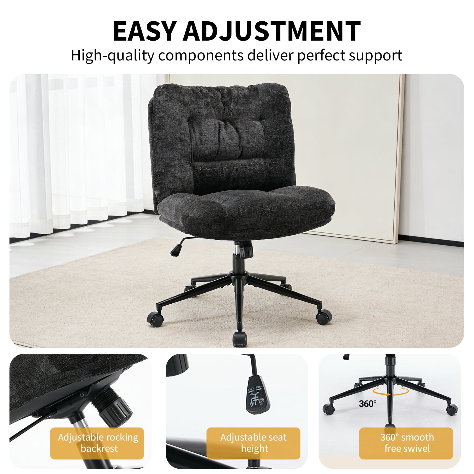 Soft Chenille Cross-Legged Office Chair,Wide Seat Armless Desk Chair with Double Cushion, Swivel Adjustable Vanity Chair for Bedroom, Home Office,Black, EliteEdge