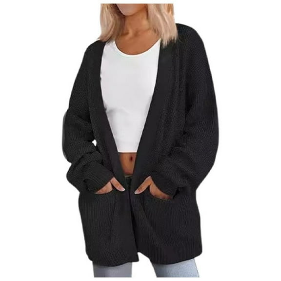 DuoJiaJ Autumn Winter Women's Loose Long Knit Cardigan With Pockets Cozy Sweater Outerwear For Women Sweaters For Women Clearance Black L